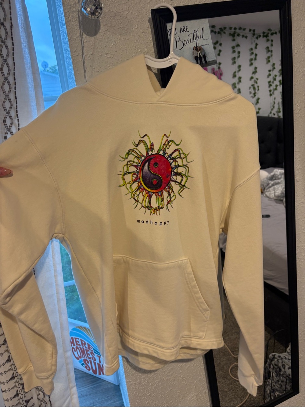 Madhappy Cream Crewneck Hoodie with Red & Black Yin-Yang Sun Graphic